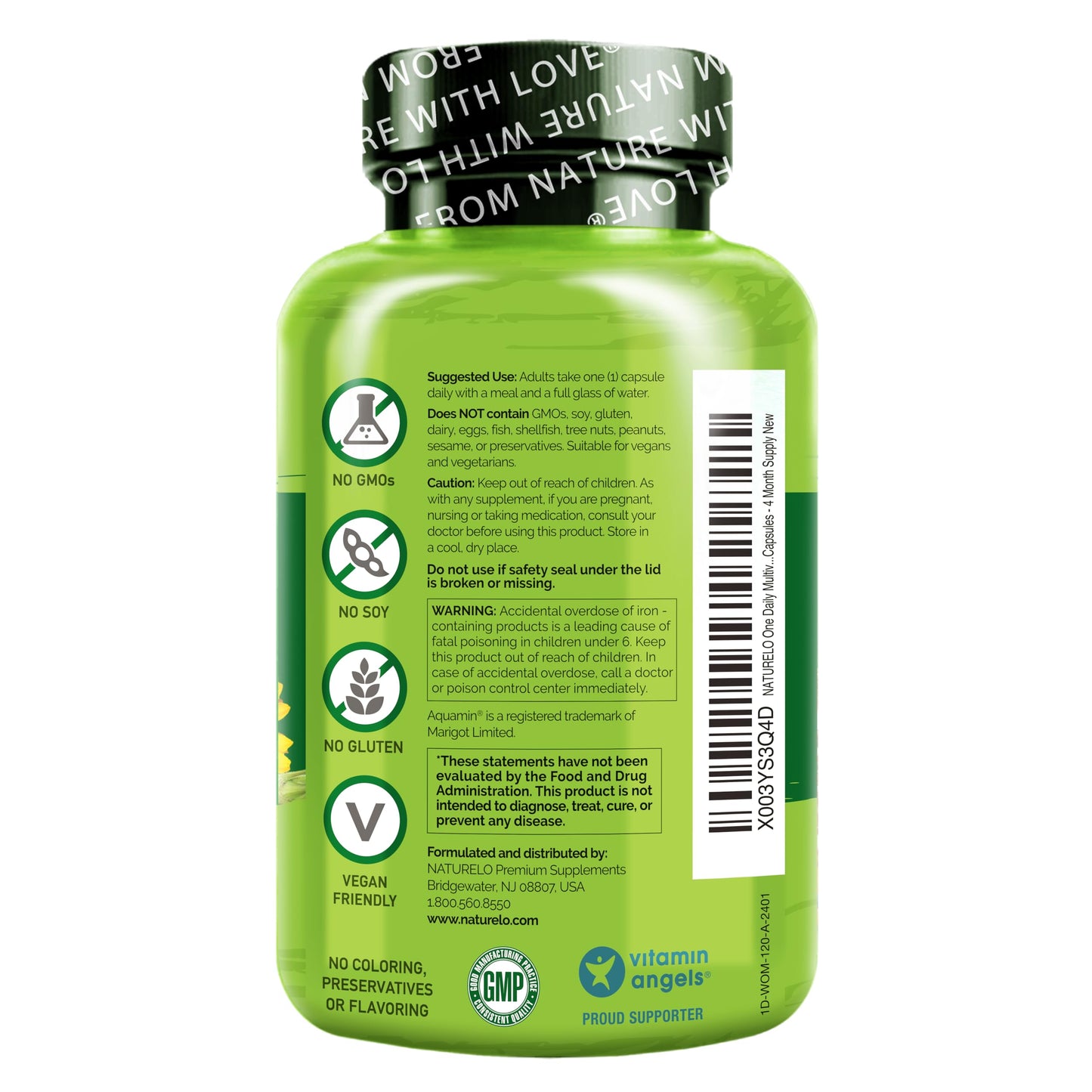 NATURELO One Daily Multivitamin for Women w/Vitamin B12, 120 Ct, Energy Support, Whole Food Daily Women Multivitamin Supplement, Nourish Hair/Skin/Nail, Non-GMO, No Soy, Gluten Free, 4 Month Supply
