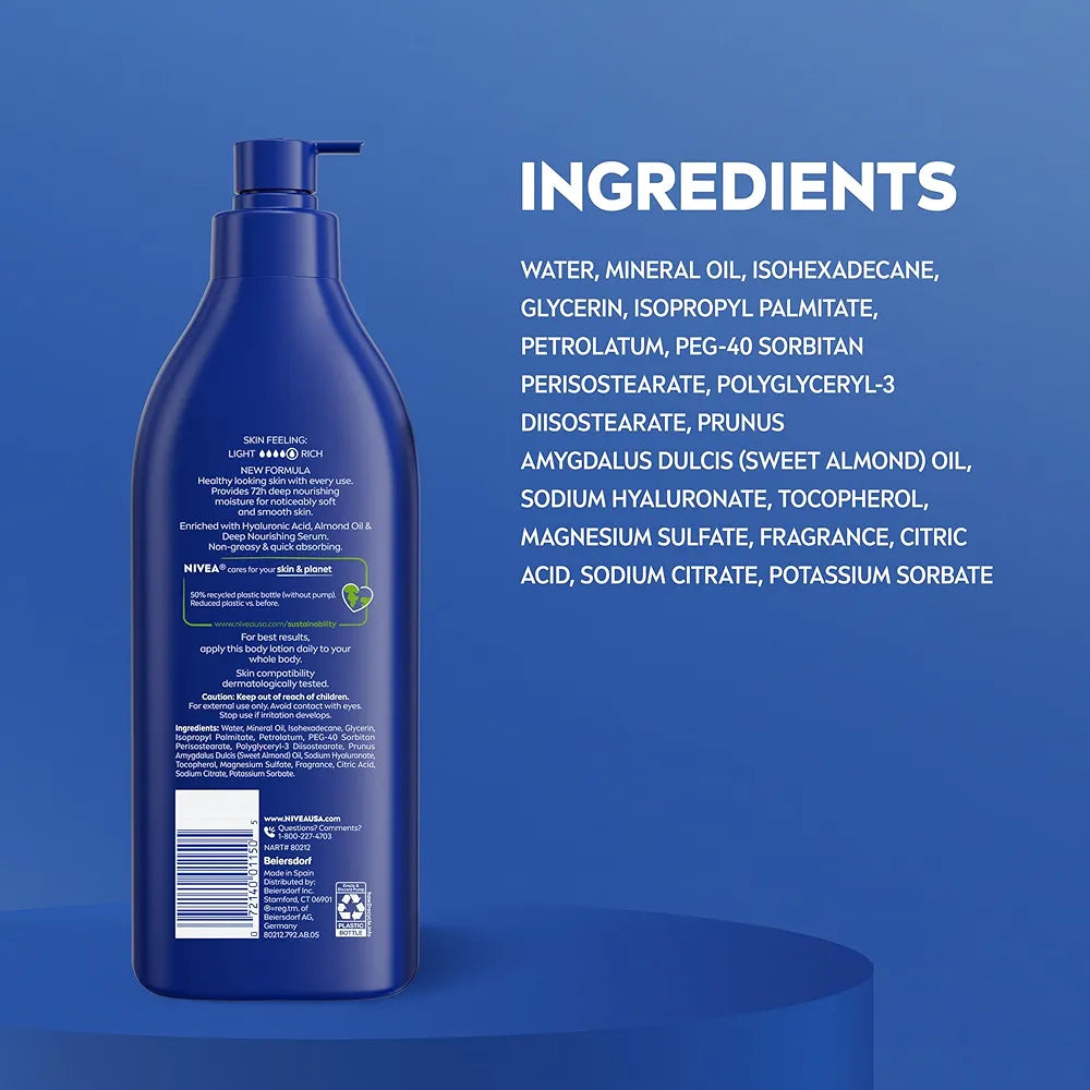 NIVEA Essentially Enriched Body Lotion for Very Dry Skin, 72-Hour Deep Nourishing Moisturizer with Hyaluronic Acid & Almond Oil, 16.9 Fl Oz Pump Bottle, 2-Pack