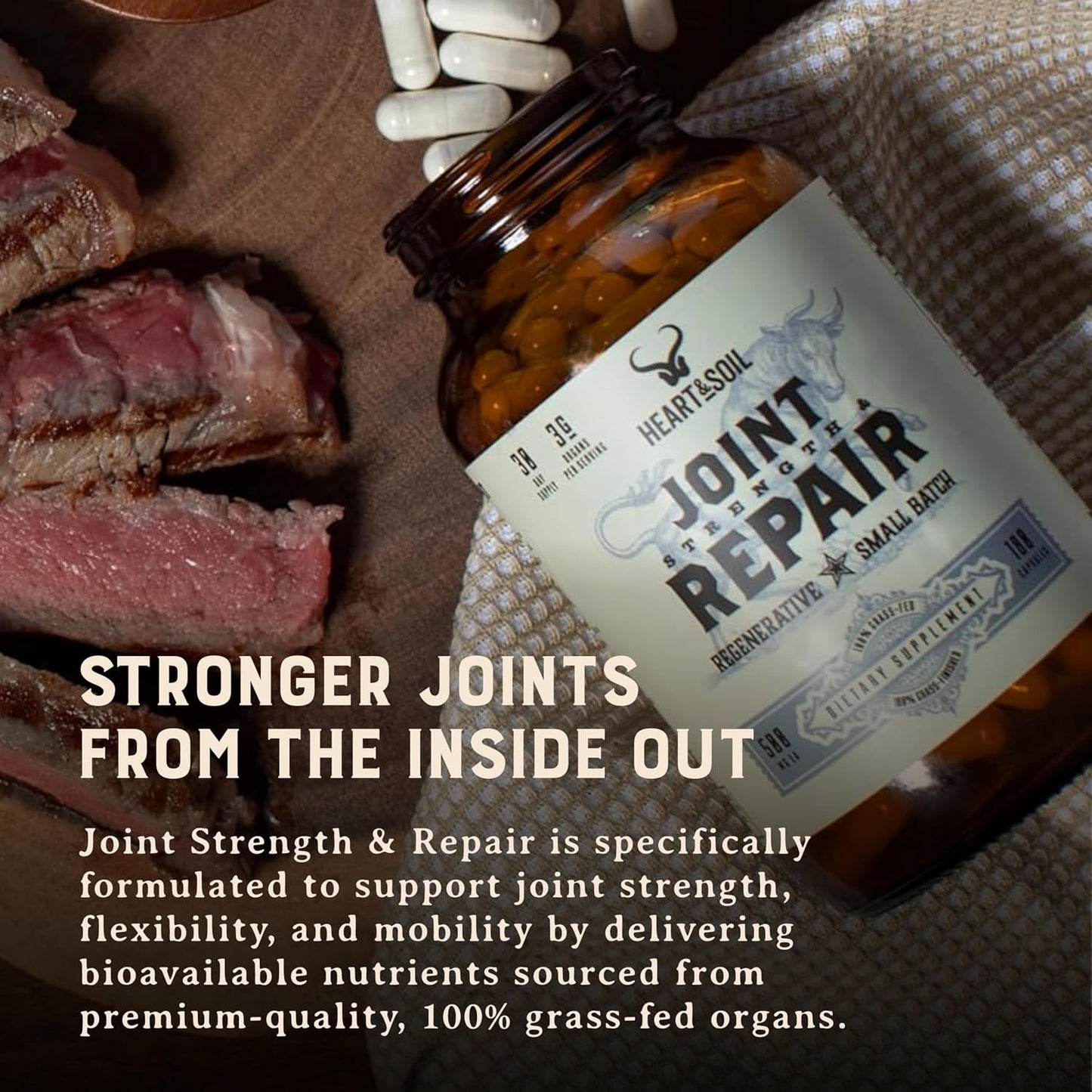 HEART & SOIL Joint Support Supplement, 180 Capsules | 100% grass fed & finished from regenerative cattle with trachea, scapula & bone marrow. Supports joint strength & mobility.