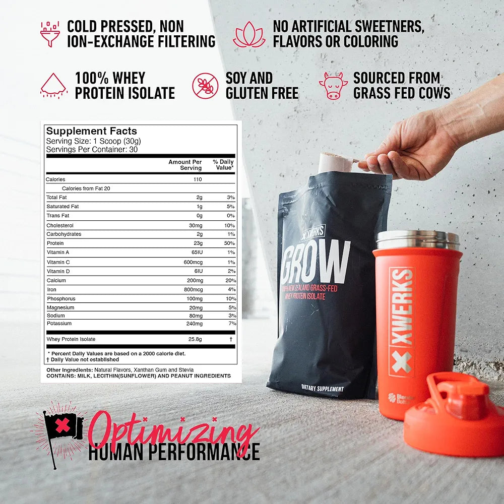 XWERKS Grow Whey Protein Powder, 25g Pure Isolate Protein from New Zealand Grass Fed Cows, Builds Strength and Speeds Recovery, Paleo and Keto Friendly, Soy and Gluten Free, Peanut Butter, 30 Servings