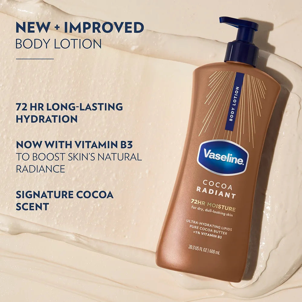 Vaseline Intensive Care Cocoa Radiant Body Lotion, 20.3 Oz (3-Pack) - Ultra-Hydrating Lipids & Pure Cocoa Butter for Dry Skin