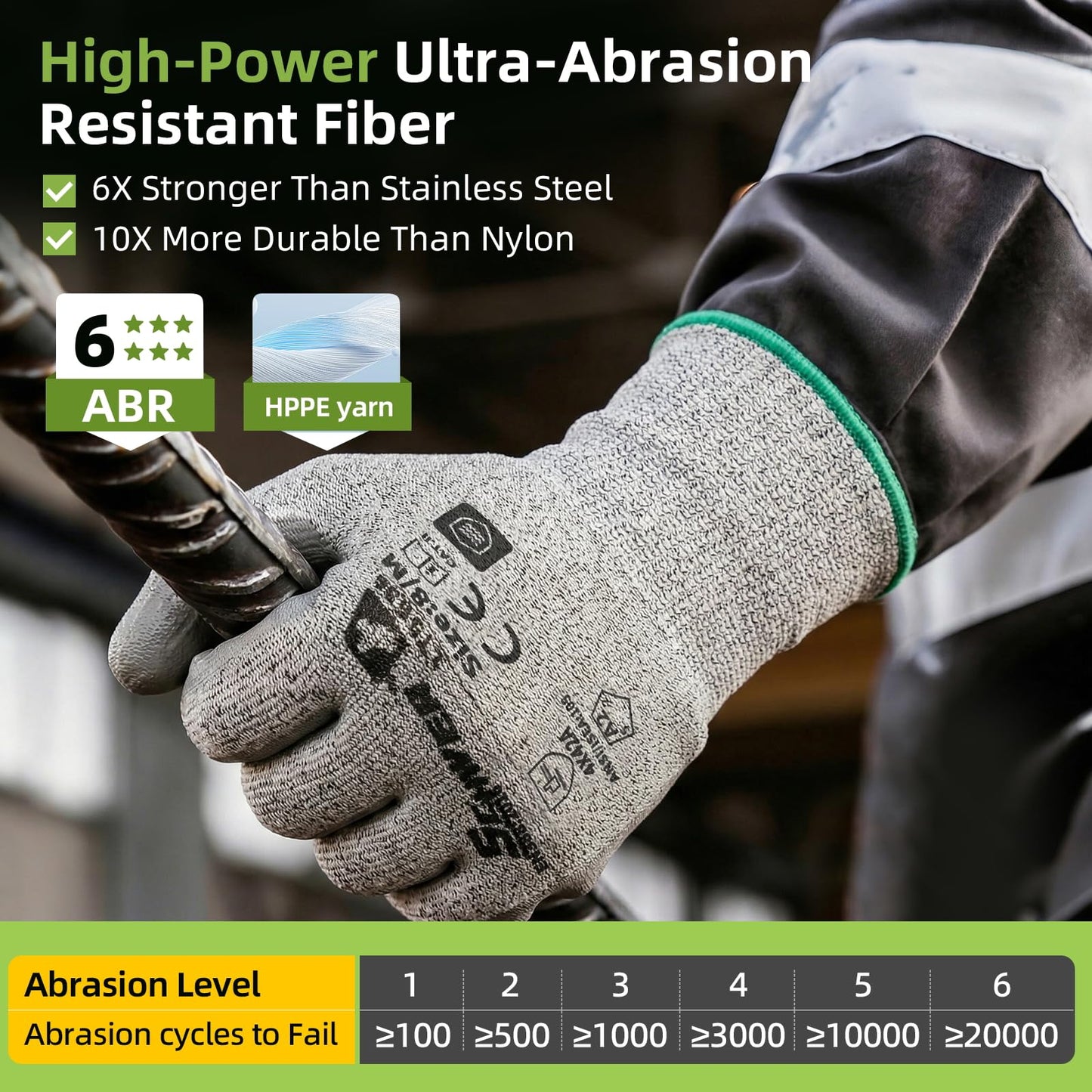 Schwer 6 Pairs A2 Cut Resistant Work Gloves, Ultra Durable, LT5636, L | Certified to Level 6 Abrasion, Enhanced Safety, Strong Grip, 3D-Comfort, Breathable, Flexible, Construction, Garden, Mechanic