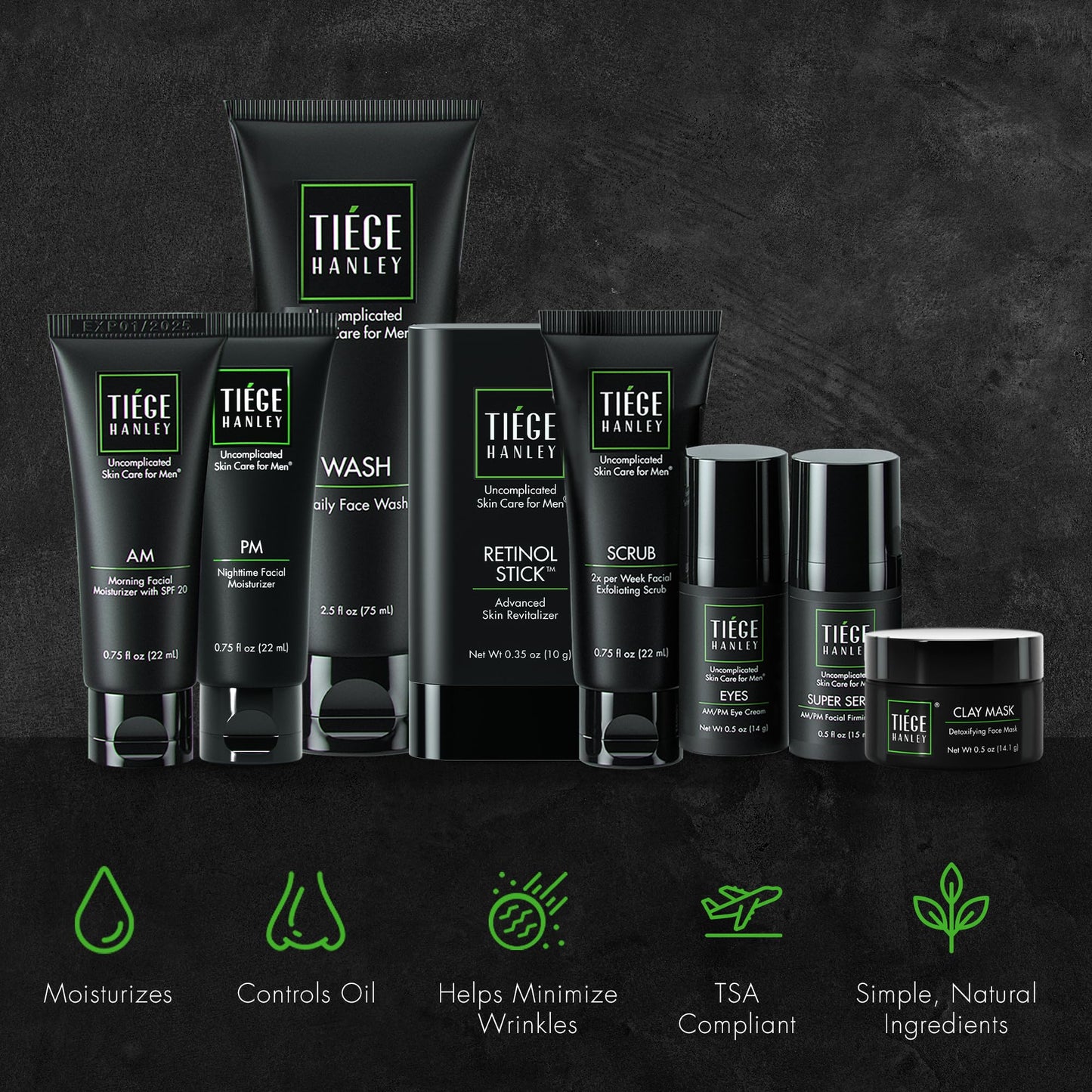 Tiege Hanley Essential Men's Skin Care Set, 30-Day, 4 Piece Kit | Level 1 Essential Routine, Daily Face Wash, Facial Scrub, AM SPF & PM Moisturizers