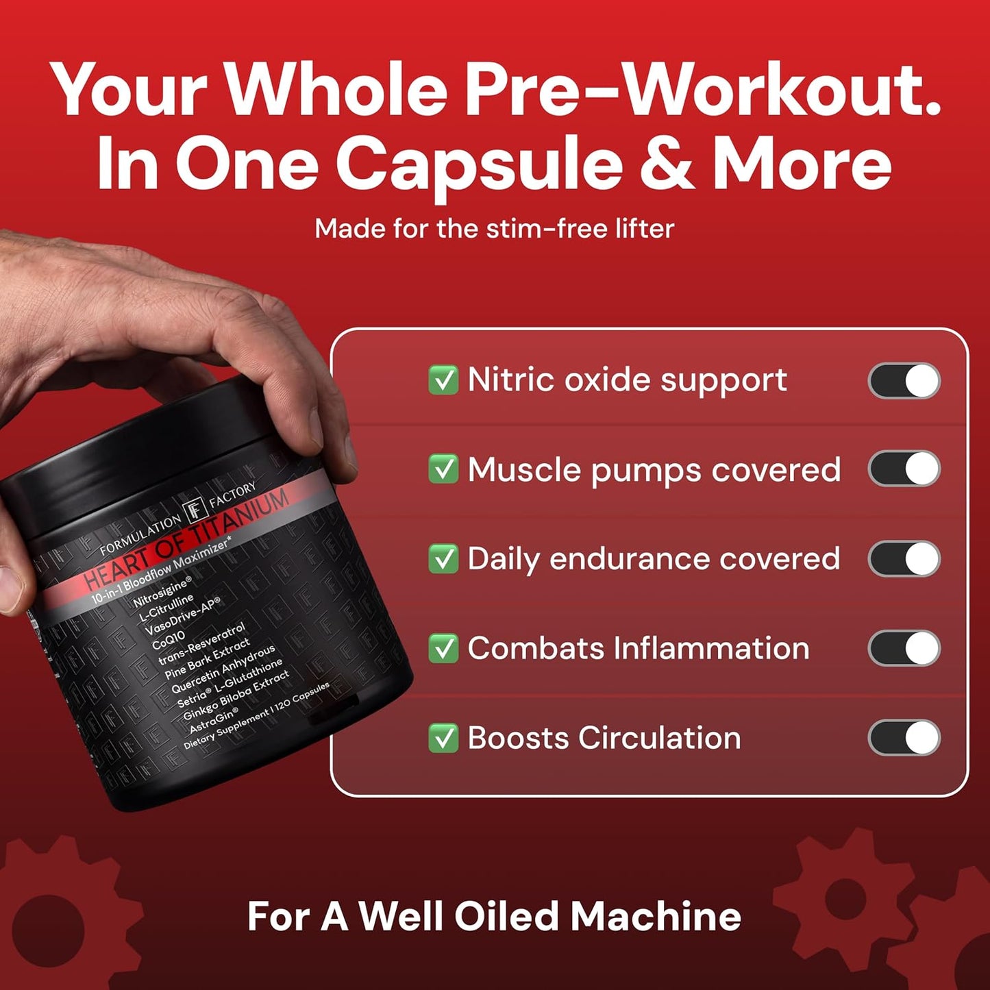 Formulation Factory Heart of Steel Nitric Oxide Supplements for Men & Women, Nitric Oxide Booster for Blood Flow & Circulation with L-Citrulline 1000mg, L-Arginine, CoQ10 & Resveratrol - 120 Capsules