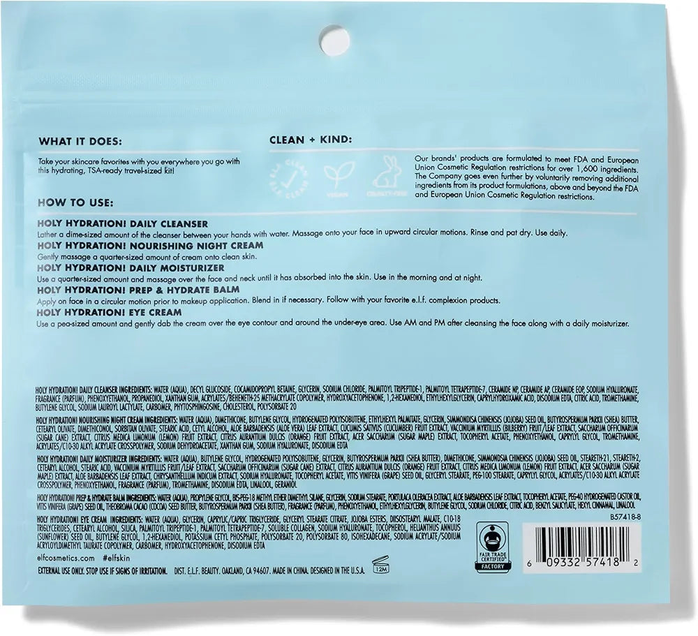e.l.f. SKIN Holy Hydration! Jet Set Travel-Friendly Skincare Kit: Cleanser, Balm, Moisturizer, Eye Cream, and Night Cream