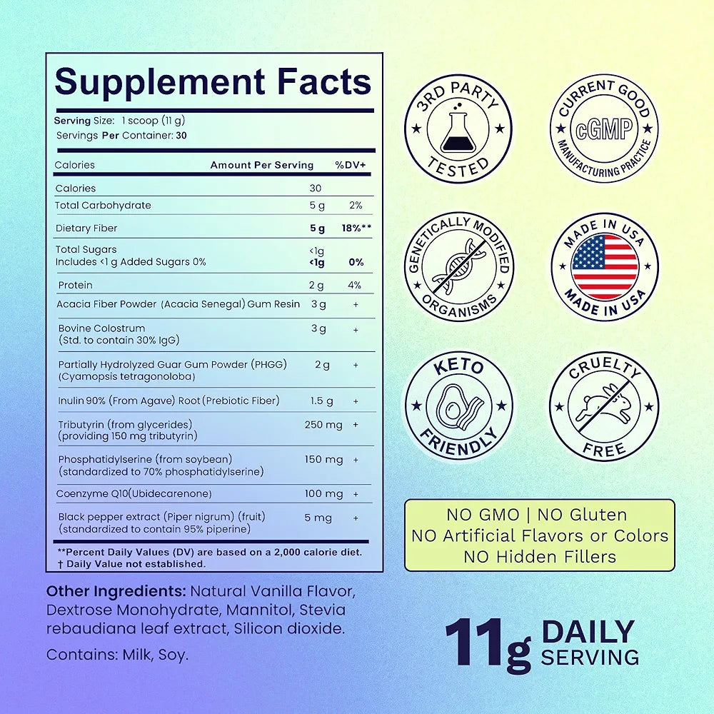 Gut Health Supplement Powder – Digestive Health Formula with Colostrum, Tributyrin & PHGG Prebiotics for Gut Health, Gut Lining, Gut-Brain & Bloating Relief for Women & Men – 30 Servings