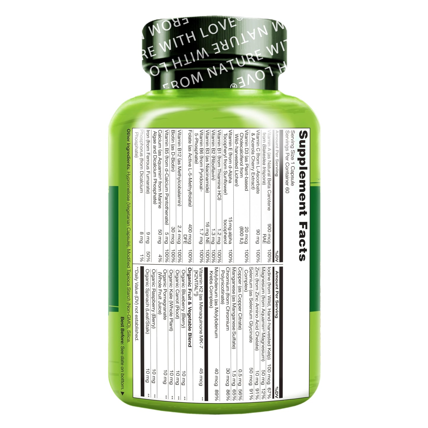 NATURELO One Daily Multivitamin for Women w/Vitamin B12, 120 Ct, Energy Support, Whole Food Daily Women Multivitamin Supplement, Nourish Hair/Skin/Nail, Non-GMO, No Soy, Gluten Free, 4 Month Supply