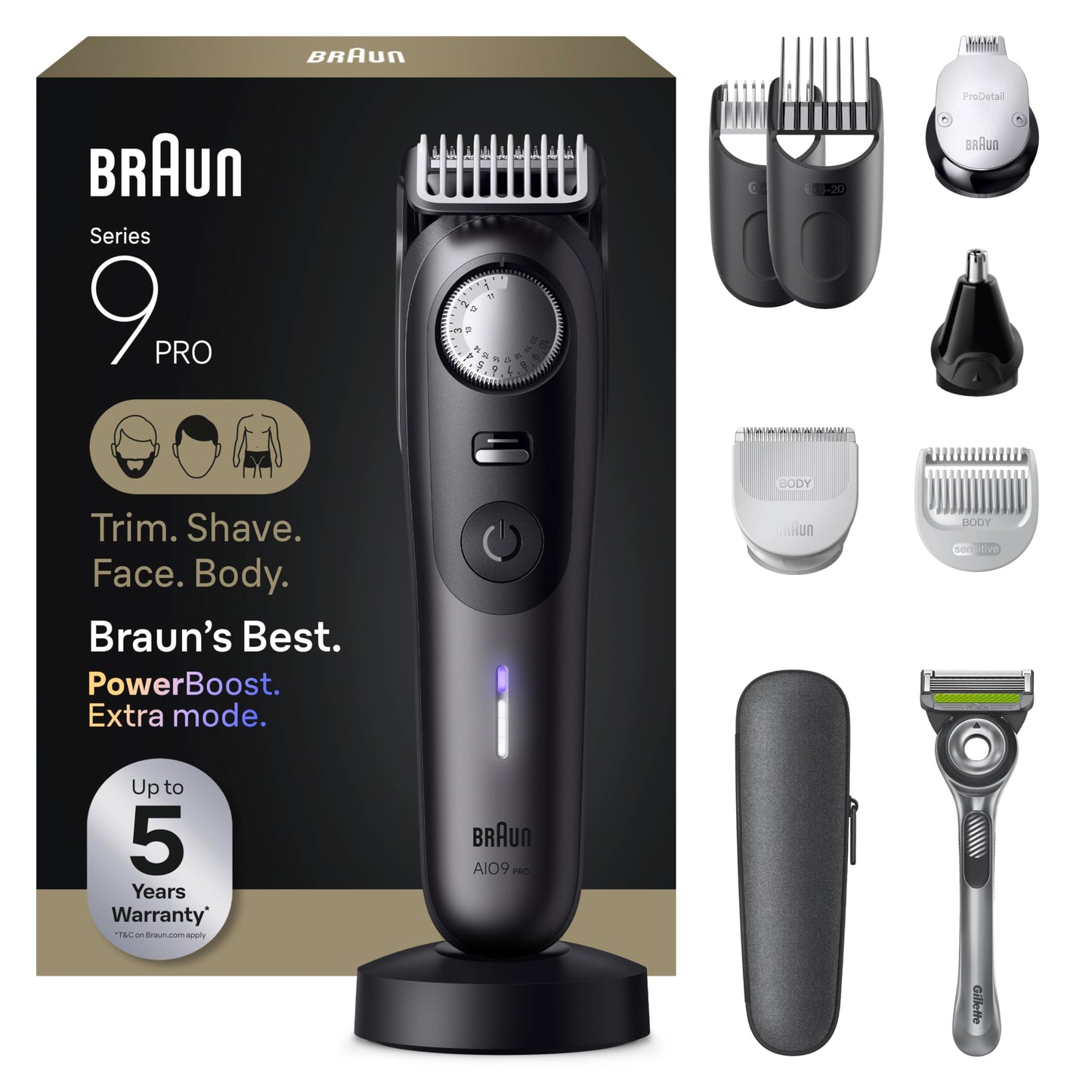 Braun All-in-One Series 9 PRO Men's Electric Beard Trimmer, Hair Clipper, Shaver & Razor for Face, Hair & Body, AIO 9550 with Gillette Labs Razor, Cordless