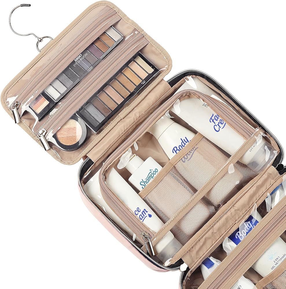 NISHEL Women's Portable Hanging Toiletry Bag - Medium Pink Travel Organizer for Makeup, Skincare, and Toiletries
