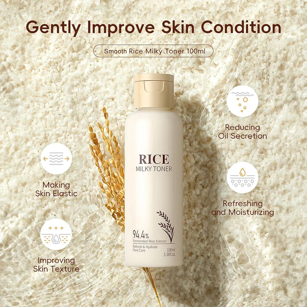 Rice Skincare Set for Women & Girls – Korean Skin Care Set with Rice Cleanser, Toner, Serum, Face Cream, Eye Cream, Sunscreen, Ice Roller, Headband & Card – Moisturizing & Skin Barrier Support 