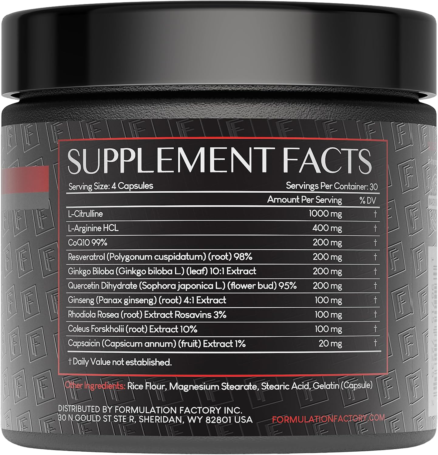 Formulation Factory Heart of Steel Nitric Oxide Supplements for Men & Women, Nitric Oxide Booster for Blood Flow & Circulation with L-Citrulline 1000mg, L-Arginine, CoQ10 & Resveratrol - 120 Capsules