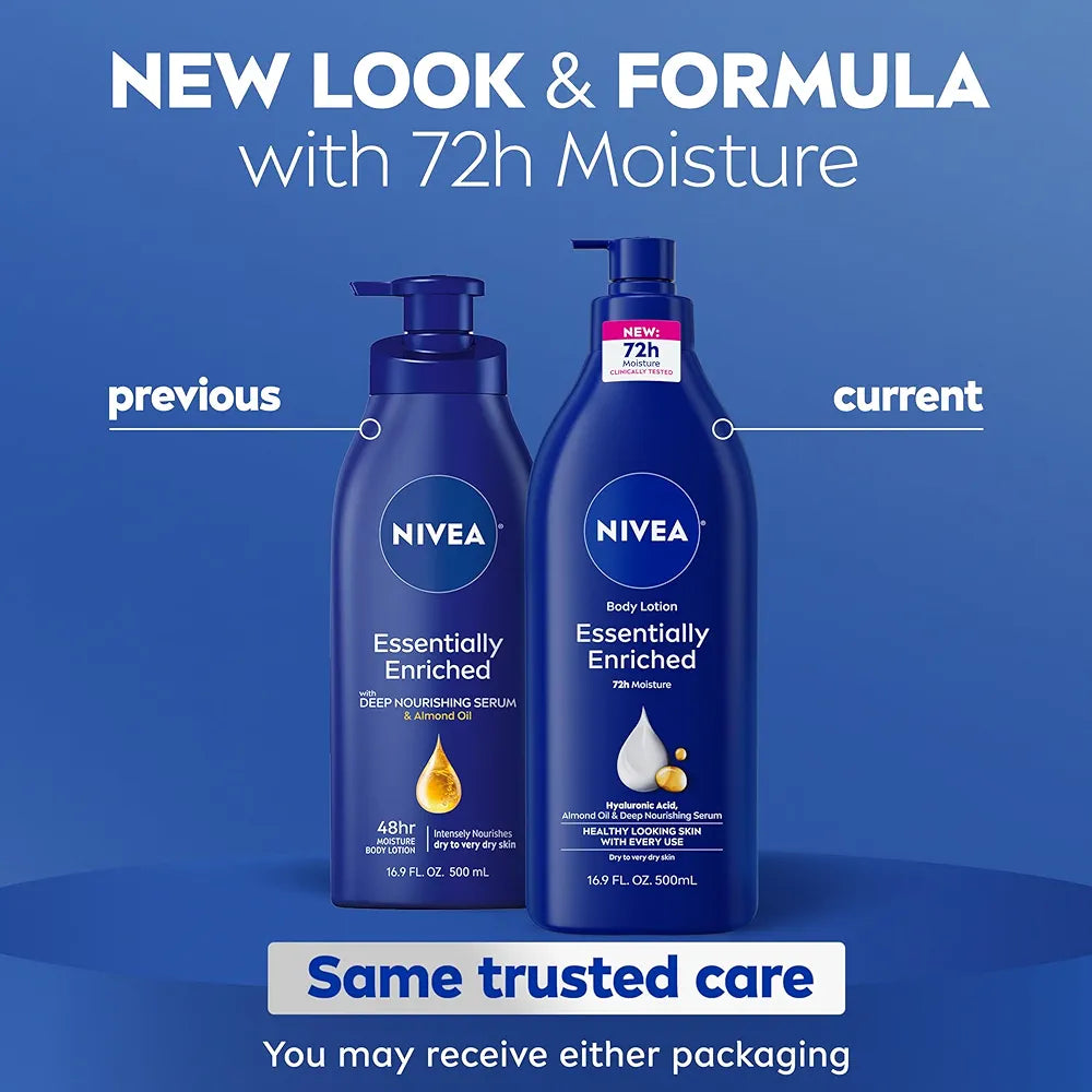 NIVEA Essentially Enriched Body Lotion for Very Dry Skin, 72-Hour Deep Nourishing Moisturizer with Hyaluronic Acid & Almond Oil, 16.9 Fl Oz Pump Bottle, 2-Pack