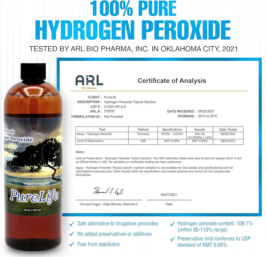 12% Hydrogen Peroxide Food Grade with No Added Stabilizers - in Distilled Water 