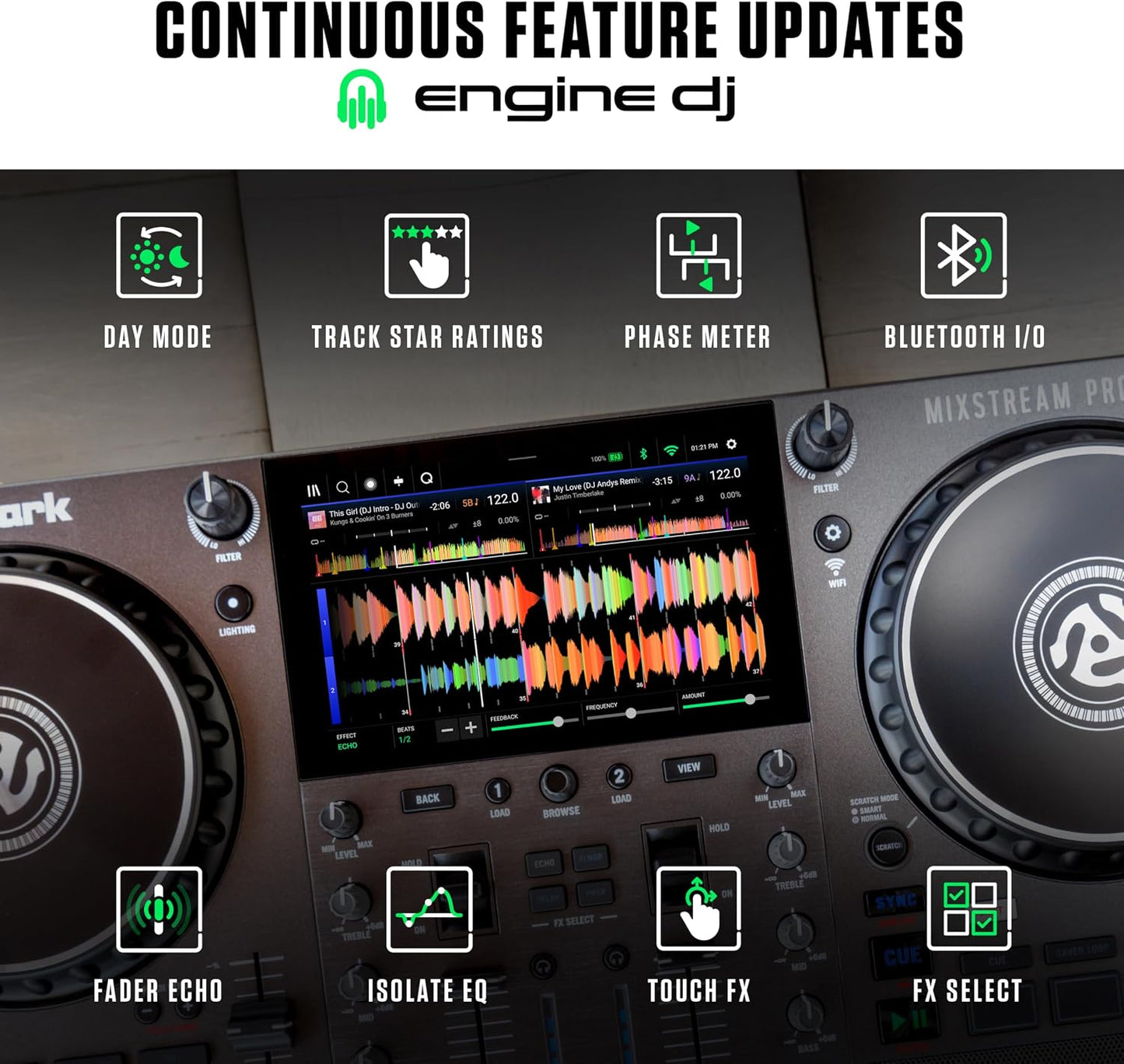 Numark Mixstream Pro Go Portable DJ Controller | Battery-Powered Standalone DJ Mixer with Stem Separation, Wi-Fi Streaming, Built-In Speakers, and 7" Touchscreen