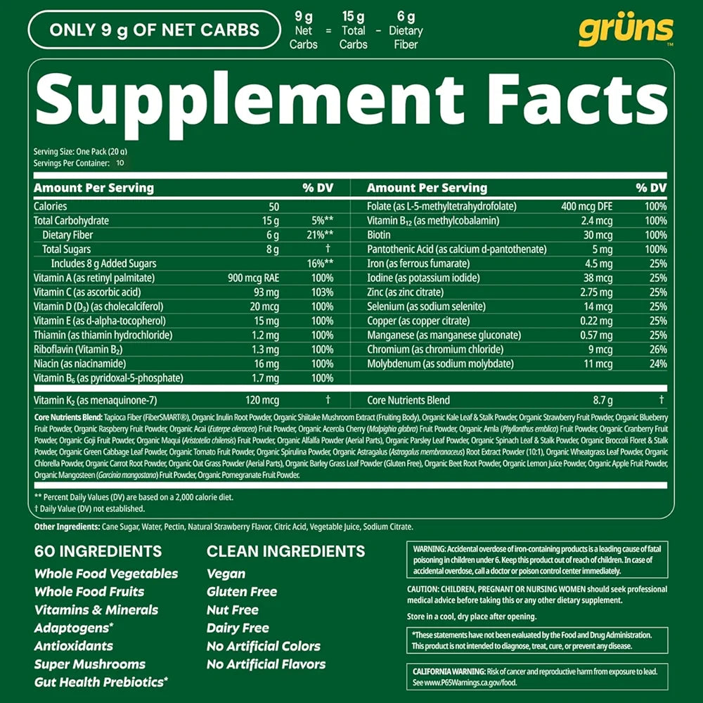 Gruns Adults Super Greens Gummies, Multivitamin Superfood Gummy Bears, Spirulina, Chlorella, Prebiotics & Fiber Gummies for Digestive Health, Adaptogens Supplement, 20 Vitamins & Minerals, 10 Count