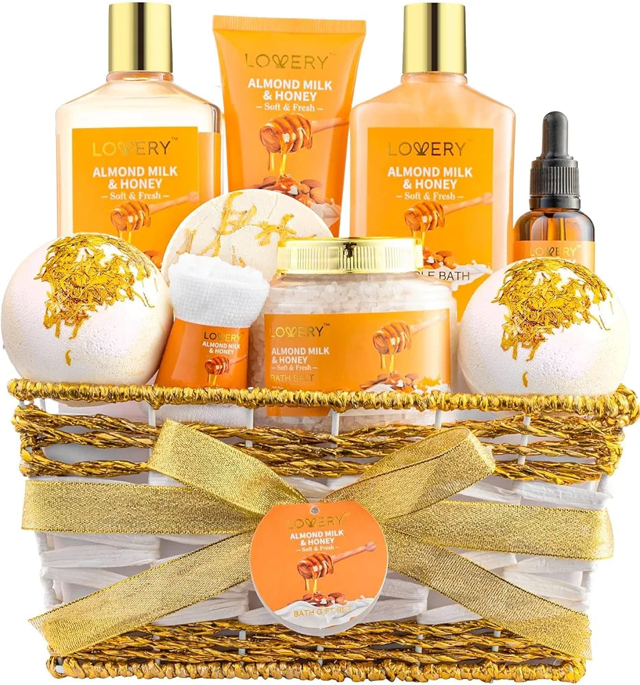 Almond Milk & Honey 10-Piece Spa Gift Basket for Women - Self Care Bath & Body Pampering Set