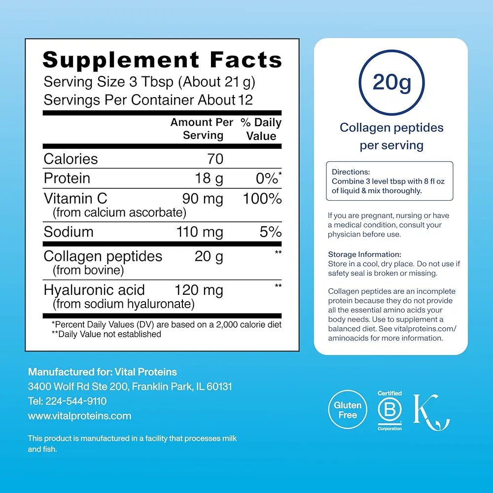 Vital Proteins Collagen Peptides Powder Advanced with Hyaluronic Acid & Vitamin C, Collagen Supplements, Unflavored, 12 Servings