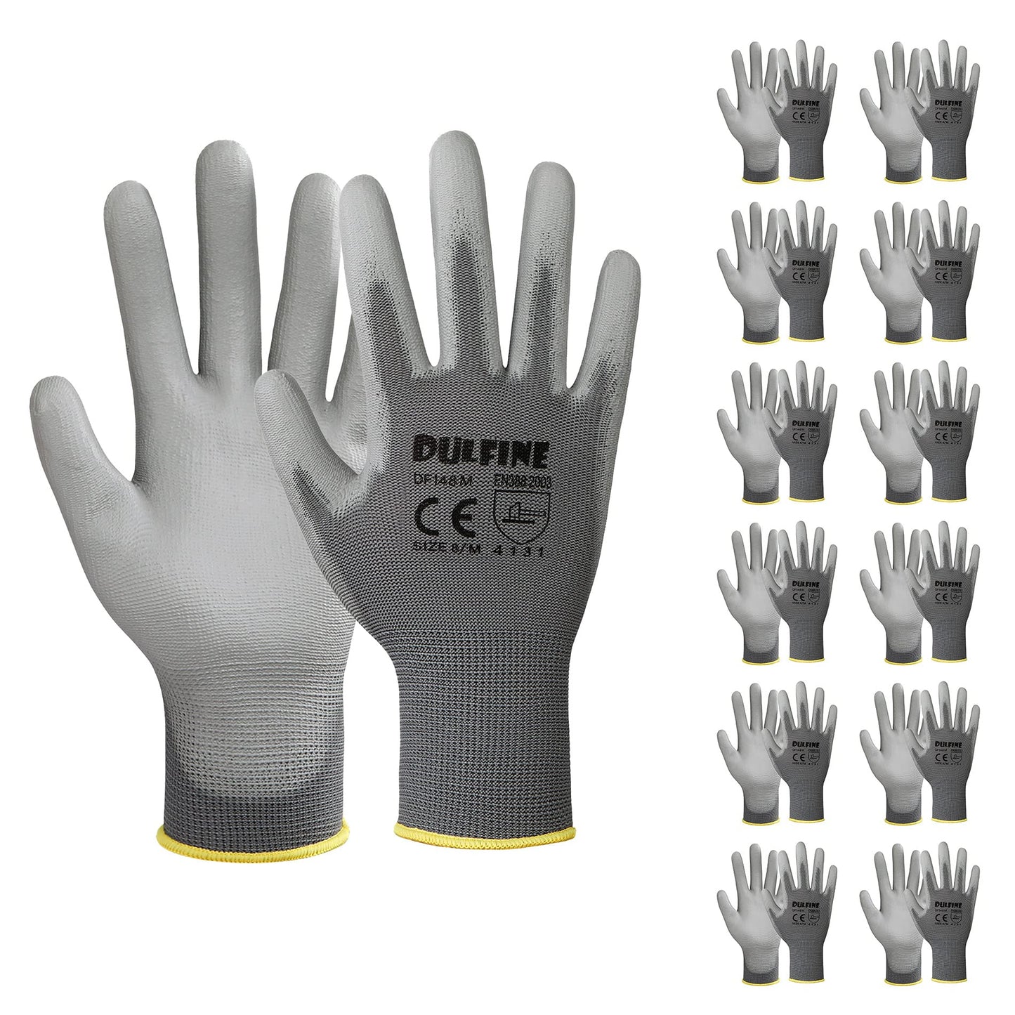 DULFINE Safety Work Gloves for Men & Women, PU Coated Seamless Knit Grip