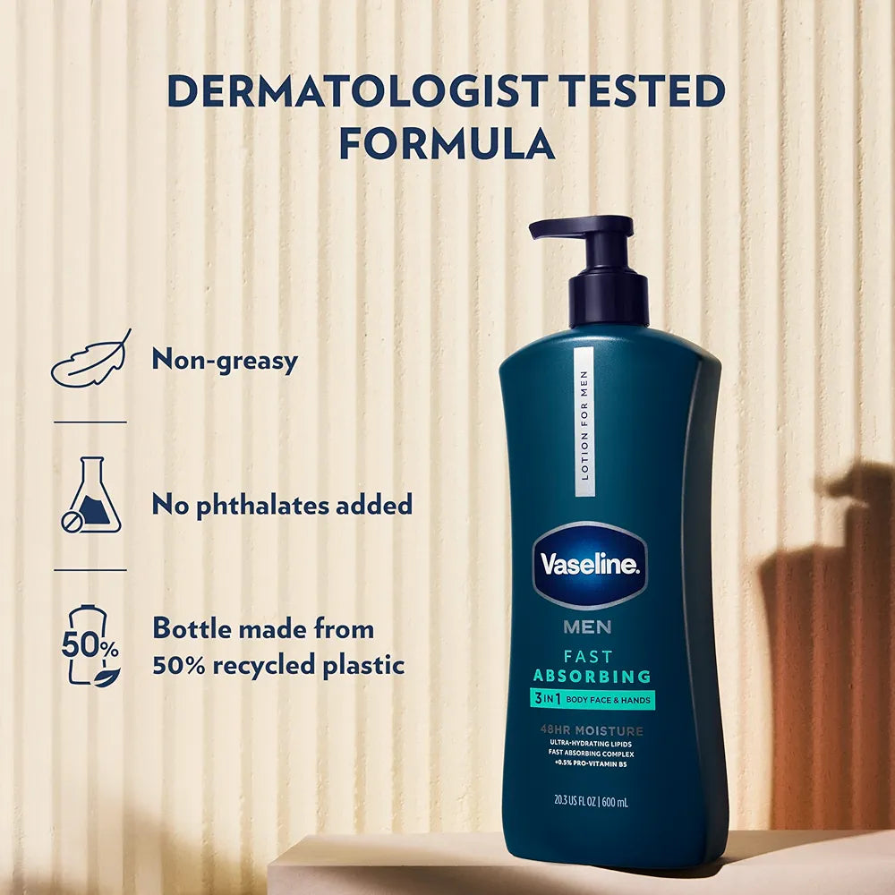 Vaseline Men's Healing Moisture Hand & Body Lotion, Fast-Absorbing & Non-Greasy for Dry Skin, 20.3 oz (Pack of 3)