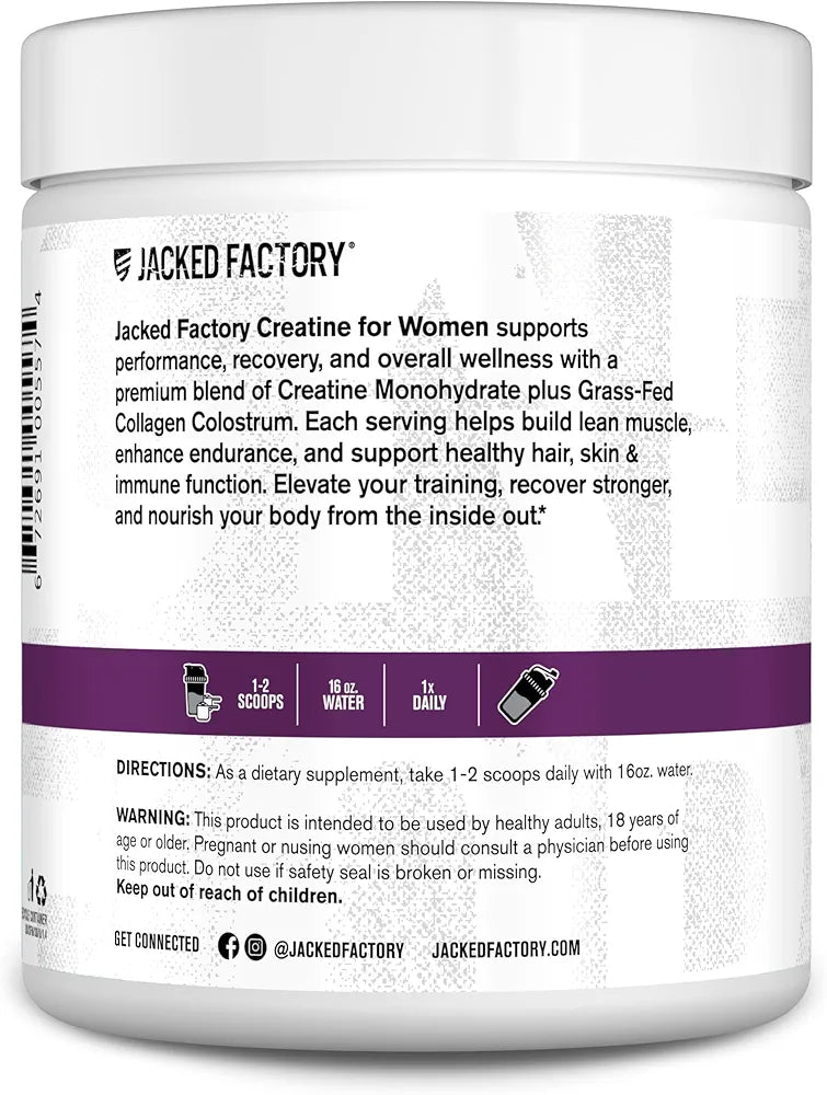 Jacked Factory Creatine for Women - Creatine Monohydrate with Collagen + Colostrum to Support Workout Performance, Lean Muscle Growth, Healthy Hair, Skin, & Nails - 30 Servings, Unflavored