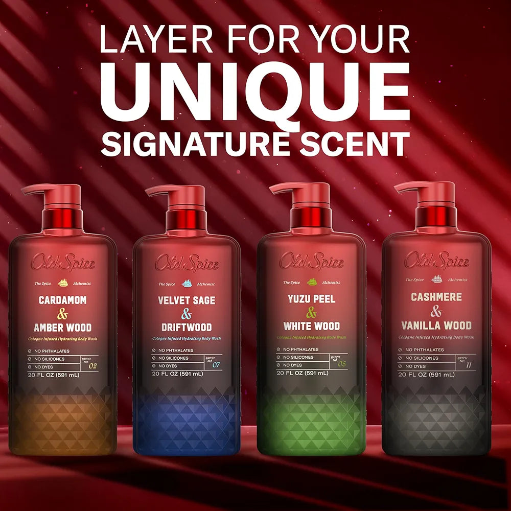 Old Spice Body Wash for Men, The Spice Alchemist Collection, 24/7 Cologne Infused Hydration, No Trade Off Formula, Free of Phthalates Silicones & Dyes, Cashmere + Vanilla Wood Scent, 20 oz