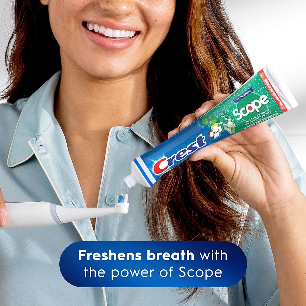 Crest + Scope Whitening Toothpaste - Pack of 3, 5.4 Oz Tubes - Anticavity Fluoride Toothpaste, Fresh Breath, Kills Germs - Tartar Protection, Enamel Protection - Minty Fresh Flavor