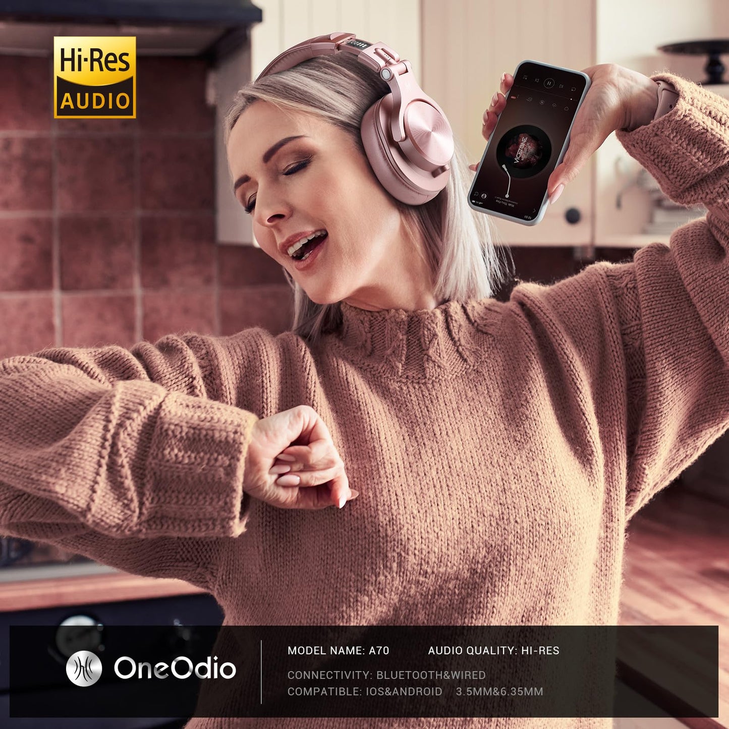 OneOdio A70 Bluetooth Over-Ear Headphones, Hi-Res Wired DJ Studio - Black | Wireless over-ear headphones with 72H playtime, 3.5mm/6.35mm wired jacks for studio monitoring, mixing, guitar, amp and PC