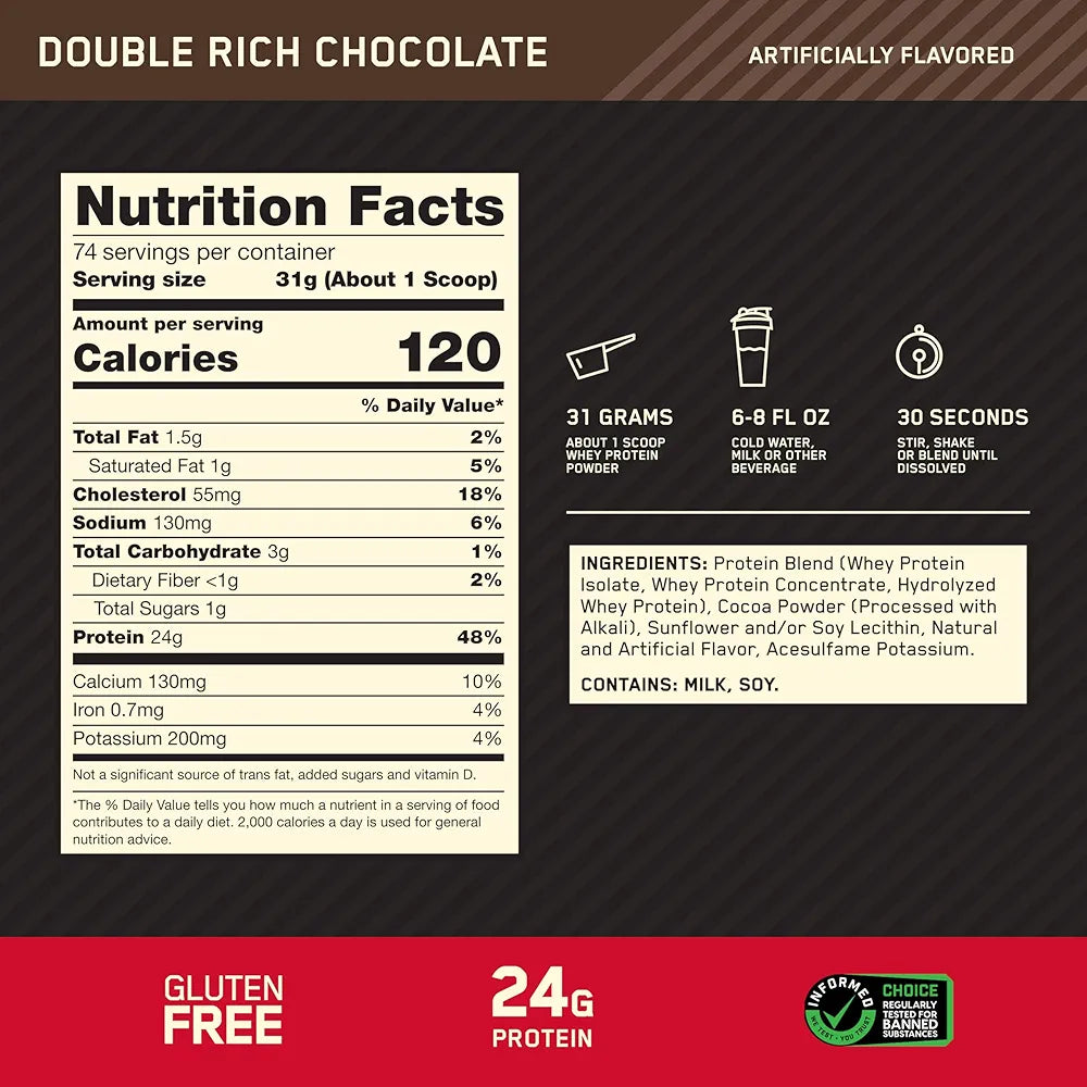 Optimum Nutrition Gold Standard 100% Whey Protein Powder, Double Rich Chocolate, 5 Pound 