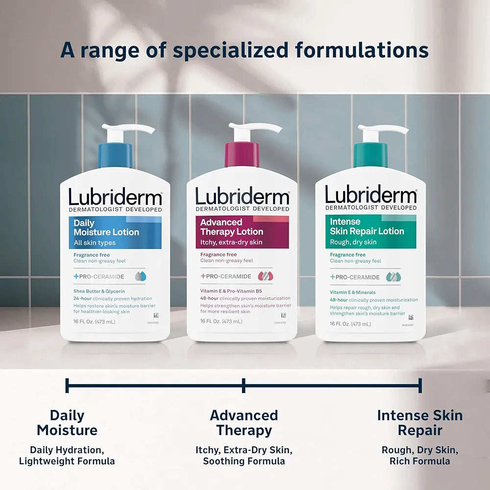 Lubriderm Daily Moisture Fragrance-Free Body Lotion with Pro-Ceramide, Shea Butter, and Glycerin for Dry Skin, 24 Fl Oz