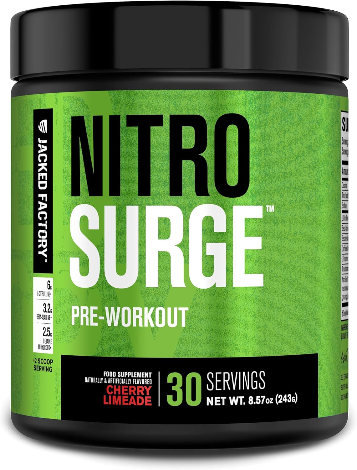 Jacked Factory NITROSURGE Pre Workout Supplement - Endless Energy, Instant Strength Gains, Clear Focus, Intense Pumps - NO Booster & Preworkout Powder with Beta Alanine - 30 Servings, Cherry Limeade