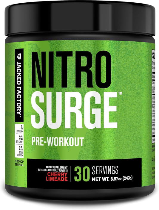 Jacked Factory NITROSURGE Pre Workout Supplement - Endless Energy, Instant Strength Gains, Clear Focus, Intense Pumps - NO Booster & Preworkout Powder with Beta Alanine - 30 Servings, Cherry Limeade
