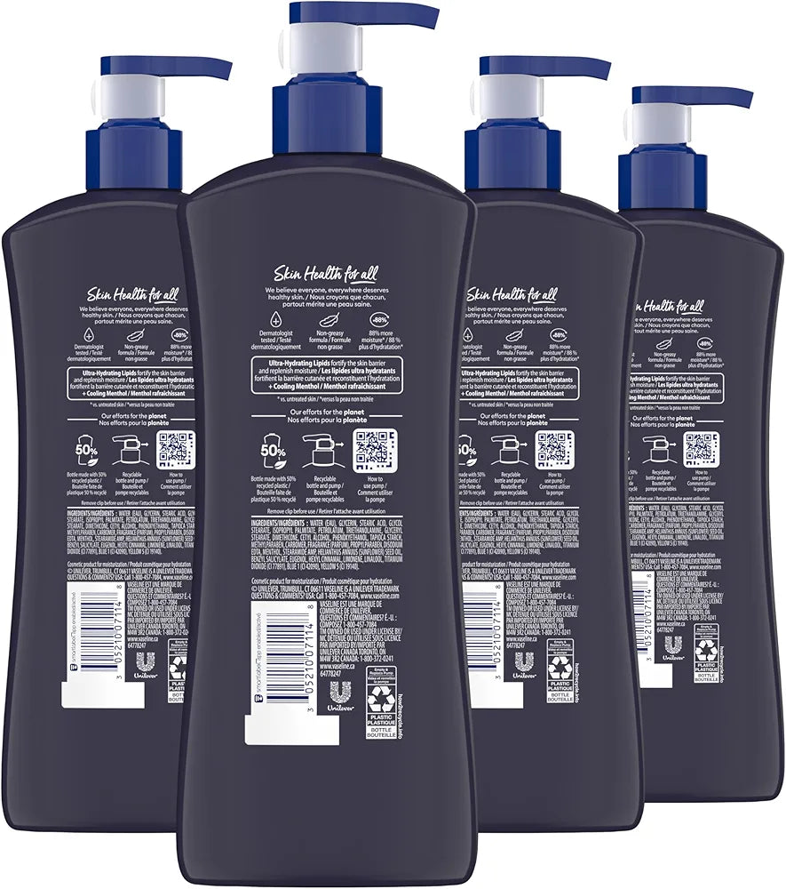 Vaseline Men Cooling Hydration 3-in-1 Lotion for Face, Hands & Body, 20.3 oz (4-Pack)