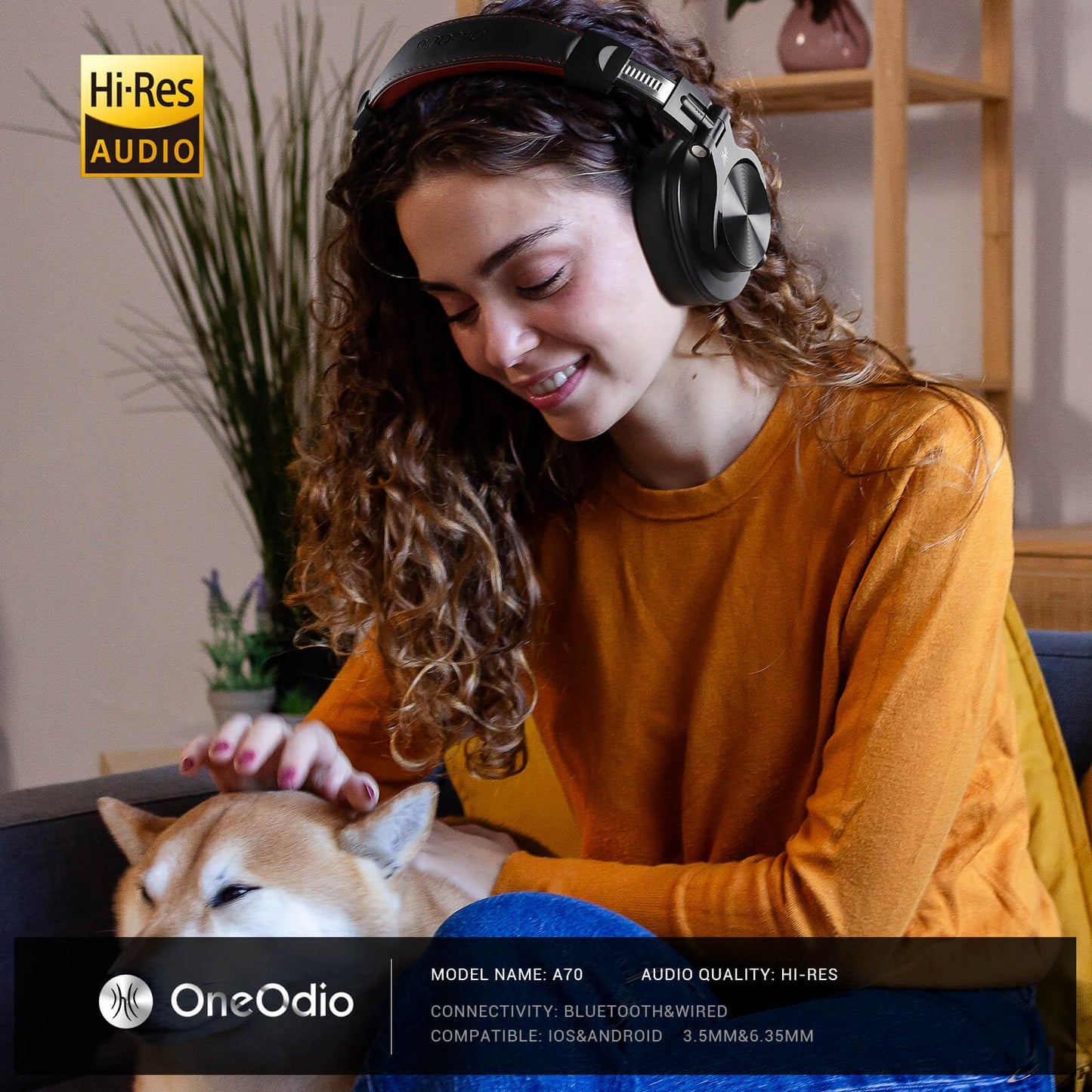 OneOdio A70 Bluetooth Over-Ear Headphones, Hi-Res Wired DJ Studio - Black | Wireless over-ear headphones with 72H playtime, 3.5mm/6.35mm wired jacks for studio monitoring, mixing, guitar, amp and PC