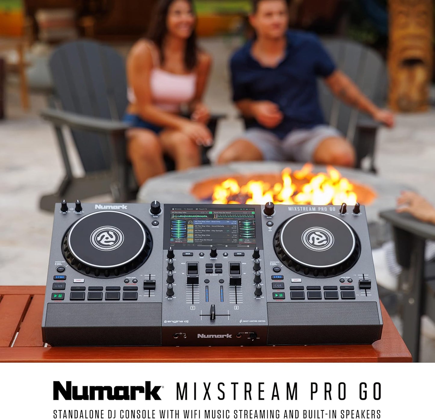 Numark Mixstream Pro Go Portable DJ Controller | Battery-Powered Standalone DJ Mixer with Stem Separation, Wi-Fi Streaming, Built-In Speakers, and 7" Touchscreen