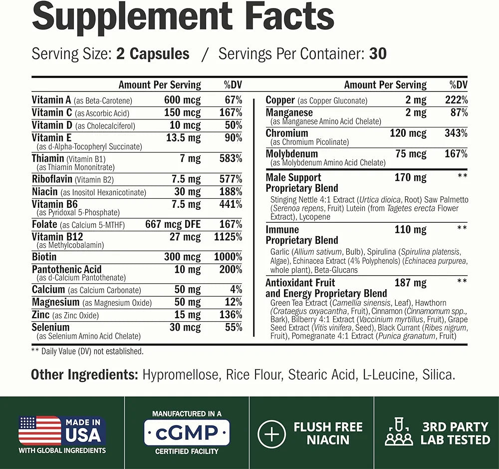 Vimerson Health Multivitamin for Men: Methylated B Vitamins, Chelated Minerals and Bioavailable D3 for Focus and Energy Support – Daily Mens Multivitamins and Multiminerals – 60 Capsules