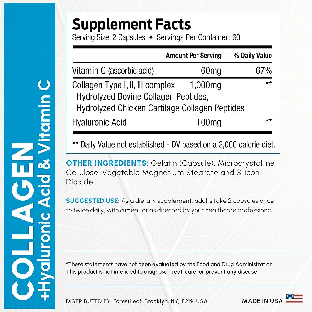 ForestLeaf Multi Collagen Pills with Hyaluronic Acid + Vitamin C | Hydrolyzed Collagen Supplements for Women or Men | Multi Collagen Capsules Peptides for Skin, Wrinkles, 240