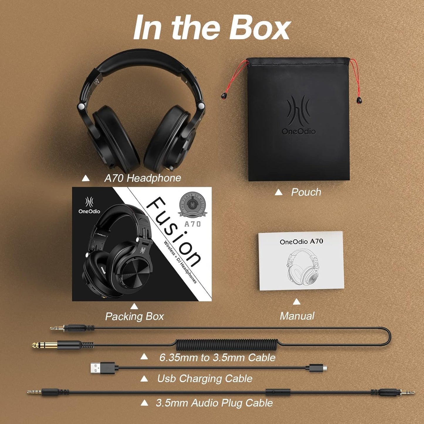 OneOdio A70 Bluetooth Over-Ear Headphones, Hi-Res Wired DJ Studio - Black | Wireless over-ear headphones with 72H playtime, 3.5mm/6.35mm wired jacks for studio monitoring, mixing, guitar, amp and PC