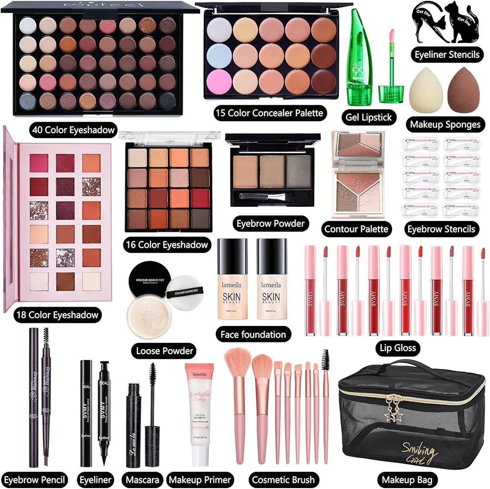 Professional All-in-One Makeup Kit: Complete Cosmetic Gift Set with Foundation, Eyeshadow, Lipstick, and Brushes