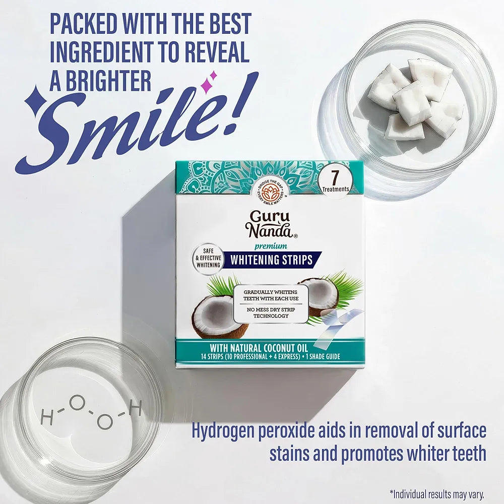 GuruNanda Teeth Whitening Strips Kit - 7-Day Treatment with Non-Slip, Dry Strip Technology - Whitening Designed with Care for a Brighter Smile