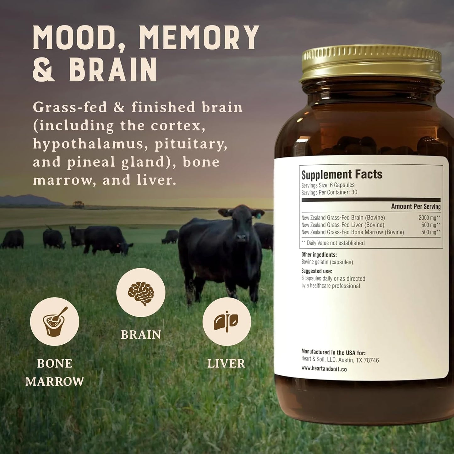 HEART & SOIL Joint Support Supplement, 180 Capsules | 100% grass fed & finished from regenerative cattle with trachea, scapula & bone marrow. Supports joint strength & mobility.