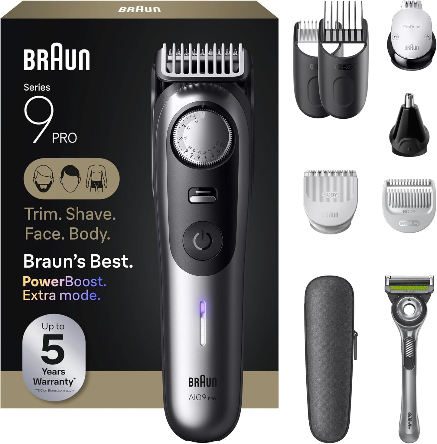Braun All-in-One Series 9 PRO Men's Electric Beard Trimmer, Hair Clipper, Shaver & Razor for Face, Hair & Body, AIO 9550 with Gillette Labs Razor, Cordless