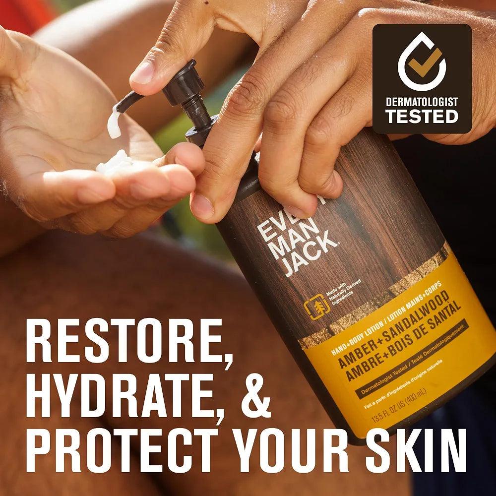 Every Man Jack Amber + Sandalwood Hand & Body Lotion, 13.5oz - Hypoallergenic & Fast-Absorbing