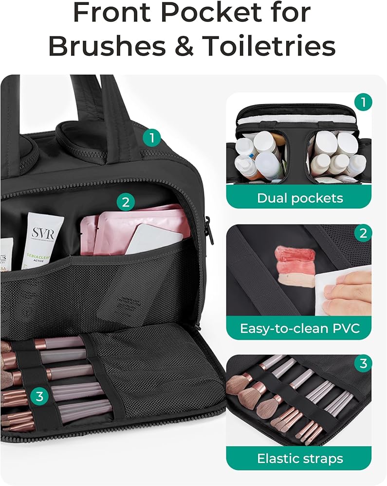 BAGSMART Large Puffy Travel Toiletry and Cosmetic Organizer Bag with Handle, Black