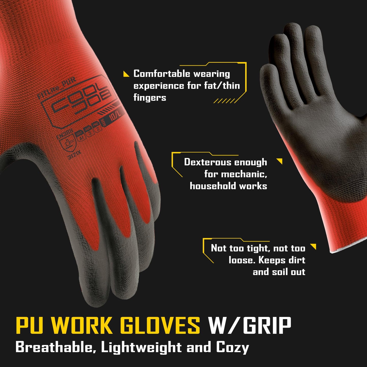 COOLJOB 12/60 Pairs Safety Work Gloves Pack Bulk with Grip PU Coating | Breathable Lightweight Gloves with Polyurethane Dipped for Men Women, 13 Gauge Seamless Knit Thin Gloves, Blue Large