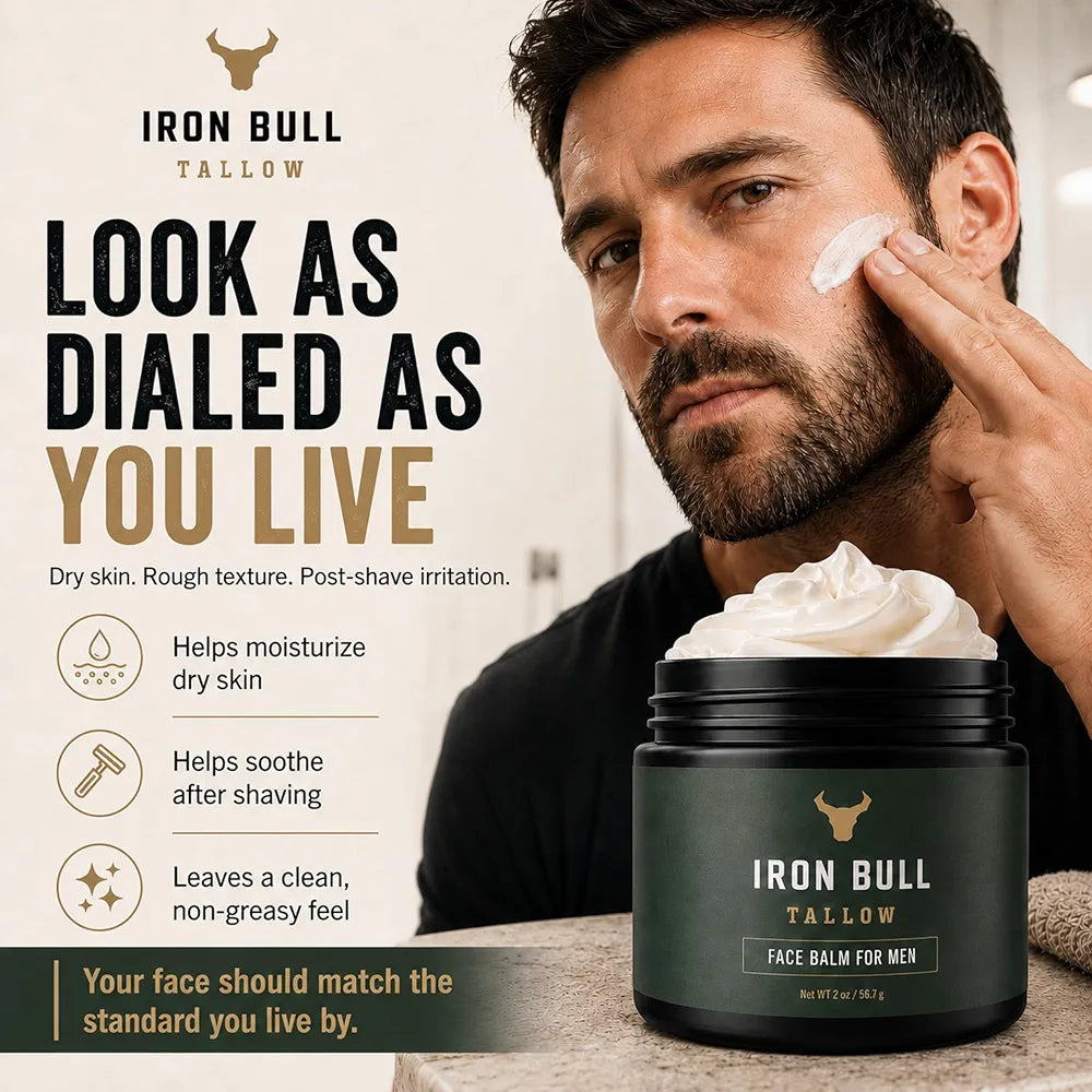 Iron Bull Beef Tallow Face Moisturizer for Men. Anti-Aging With Hyaluronic Acid for Wrinkles. Grass-Fed Beef Tallow Skin Balm & Jojoba Oil for All Skin Types. Natural Formula With a Clean Scent - 2oz