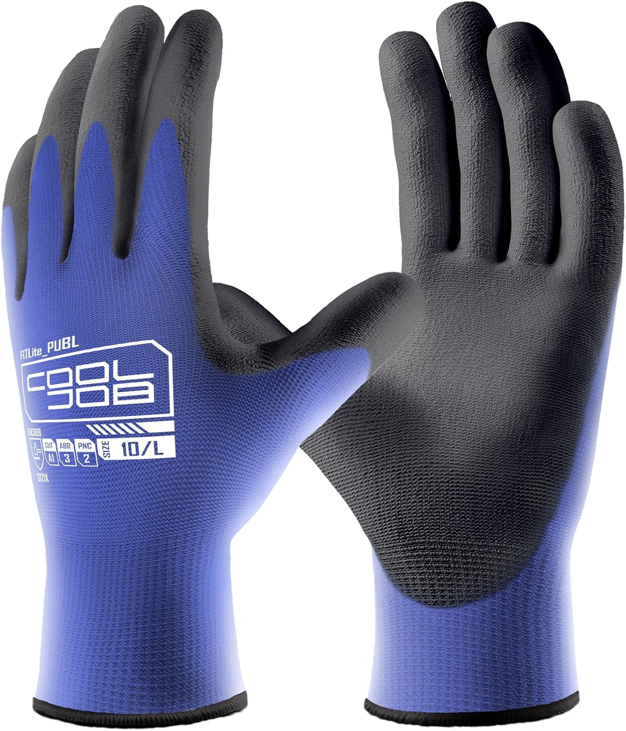 COOLJOB 12/60 Pairs Safety Work Gloves Pack Bulk with Grip PU Coating | Breathable Lightweight Gloves with Polyurethane Dipped for Men Women, 13 Gauge Seamless Knit Thin Gloves, Blue Large