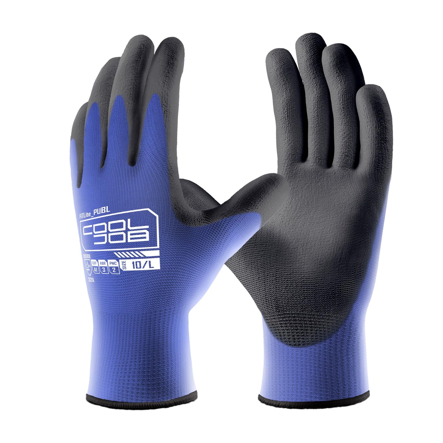 COOLJOB 12/60 Pairs Safety Work Gloves Pack Bulk with Grip PU Coating | Breathable Lightweight Gloves with Polyurethane Dipped for Men Women, 13 Gauge Seamless Knit Thin Gloves, Blue Large