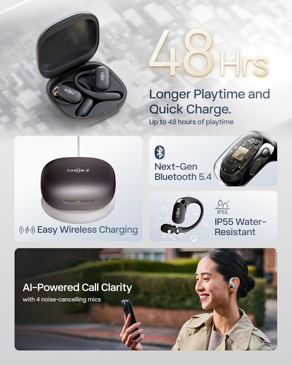 SHOKZ OpenFit 2+ Open-Ear Earbuds, Black, Dolby Audio,Wireless Charging | Soft Ear Hooks； IP55 Water-Resistant; USB-C Fast Charging；48H Playtime; Gym/outdoor/home use