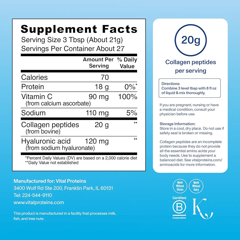 Vital Proteins Collagen Peptides Powder Advanced with Hyaluronic Acid & Vitamin C, 20oz Collagen Protein, Unflavored, 27 Servings