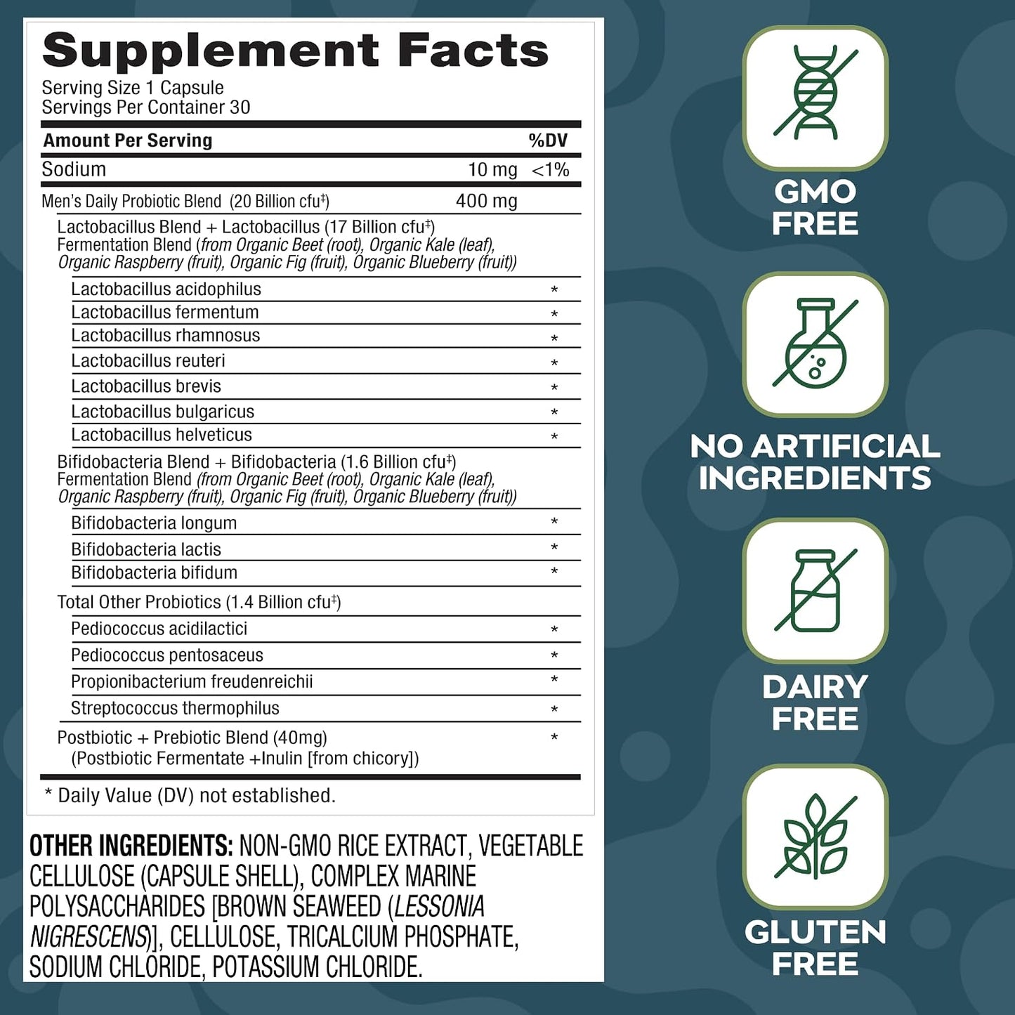 Men’s Probiotic | 20 Billion CFU | Prebiotic + Postbiotic Blend | Gut, Colon & Immune Support | Vegan | Shelf-Stable | 30 Capsules